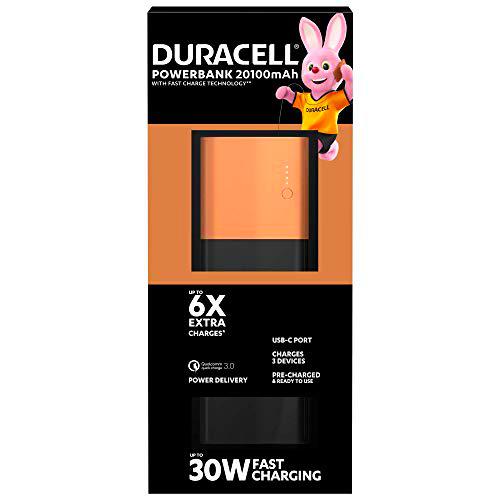 Duracell Power bank de 20100 mAh, Bateria externa movil con tecnología de carga rápida IN/OUT (Power Delivery 30W y Quick Charge 3.0 18W) para smartphones