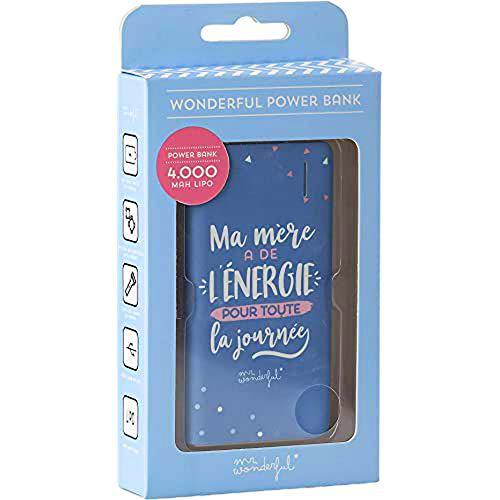 Mr. Wonderful Powerbank de 4.000 mAh con Ilustración y texto en francés sobre fondo Azul; Capacidad de 2 a 3 Cargas