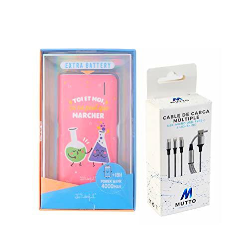 Mr Wonderful Pack Power Bank, USB 4.000mAh Bateria Externa Marcher + Cable Carga USB-Lightning+MicroUSB+USB-C