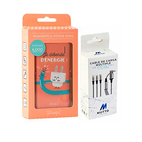 Mr Wonderful Pack Power Bank, USB 6000mAh Bateria Externa Deborde + Cable Carga USB-Lightning+MicroUSB+USB-C