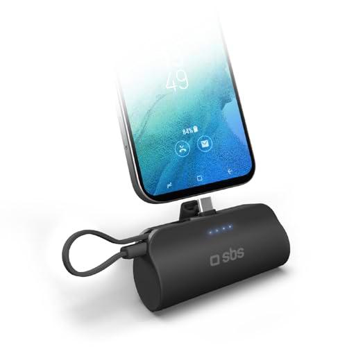 SBS Batería Externa de 5000 mAh con Soporte, batería Externa con Cable USB-C Integrado extraíble